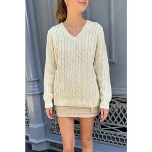 NWT Brandy Mellville Cream Wool Cable Knit V Neck Pullover Sweater Preppy Tennis